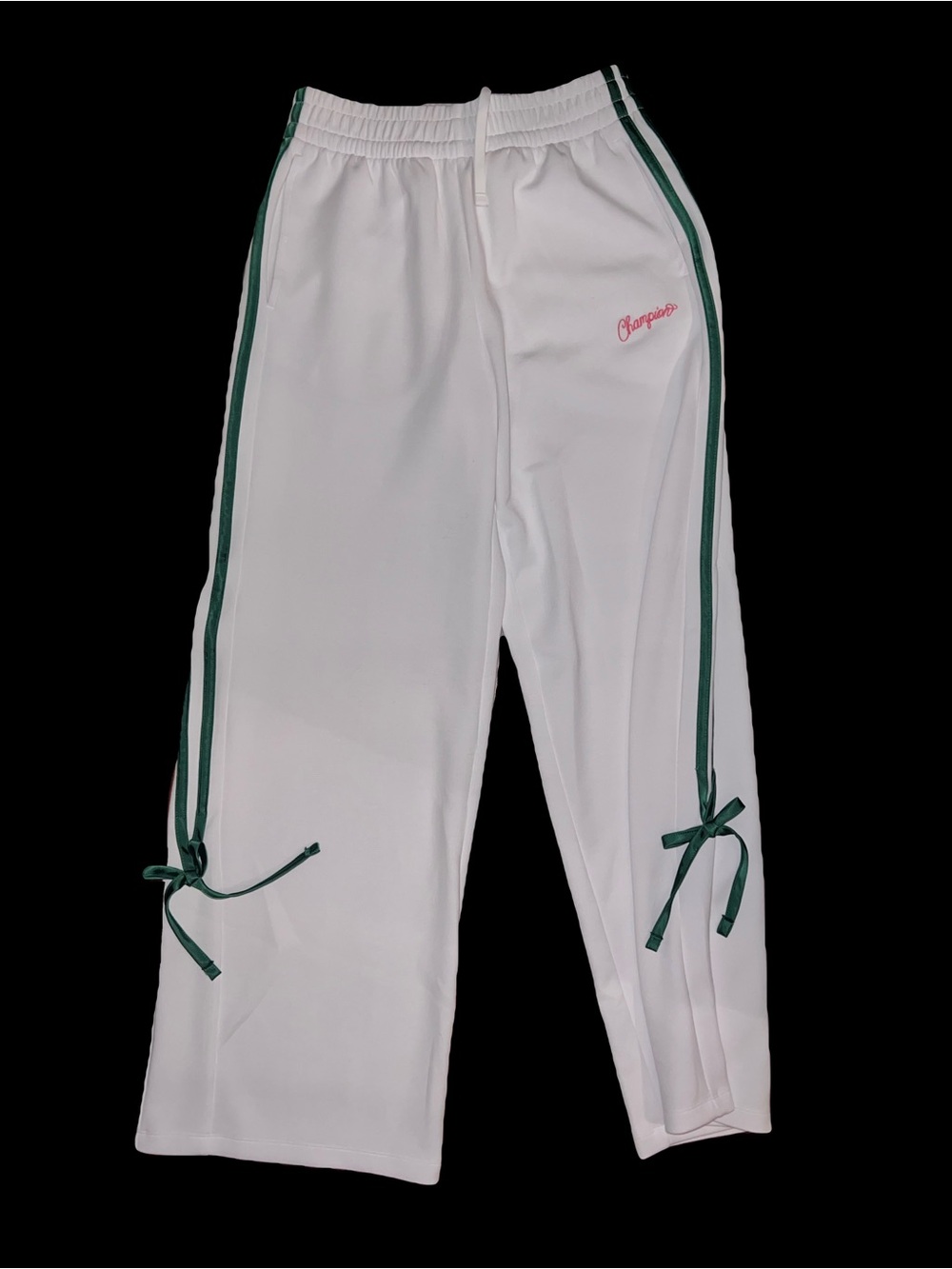 Champion Women’s White Joggers with Green Side Stripes And Bows